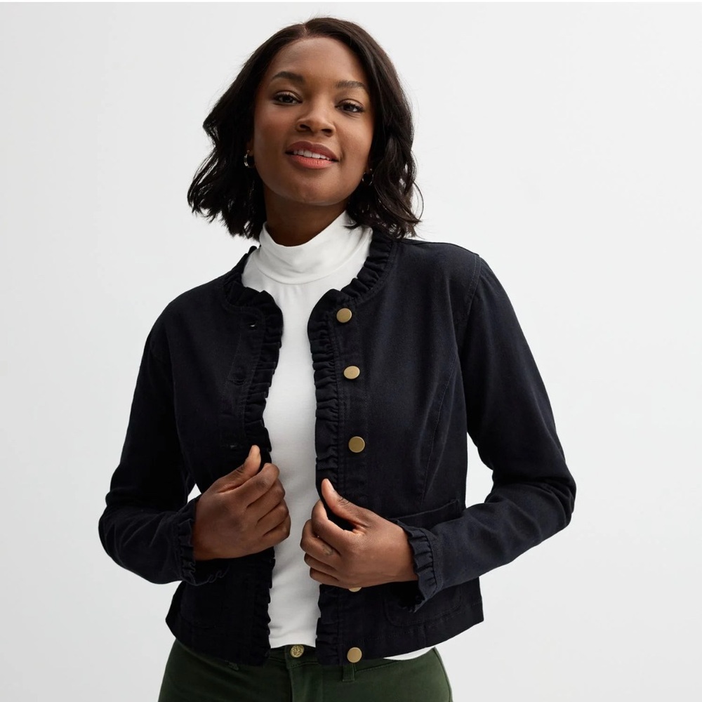 Draper James Black Ruffle Denim Jacket with Gold Buttons XXL
